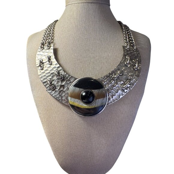 St. John Jewelry - St. John Necklace Hammered Silver-Tone Chain Statement Collar Modernist Bib